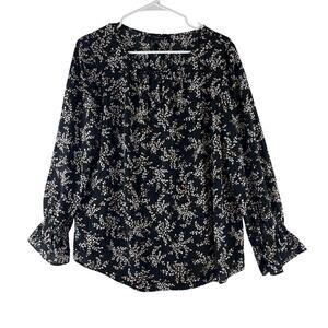 Talbots Keyhole Long Sleeve Tunic Blouse Women's Large Petite Flowy Floral Black
